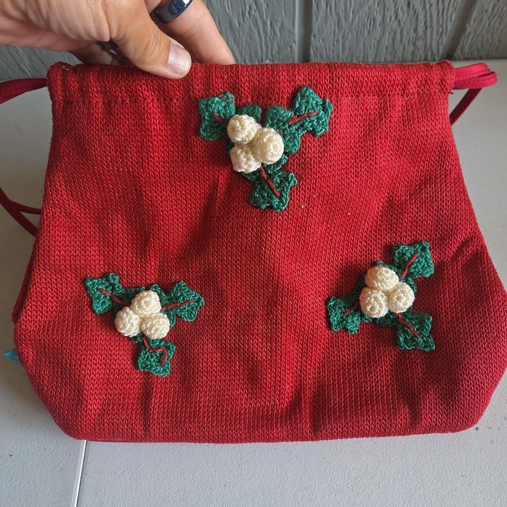 The Sak Knit Embroidery Holiday Shoulder Bag Holly Berries Magnetic Snap Close